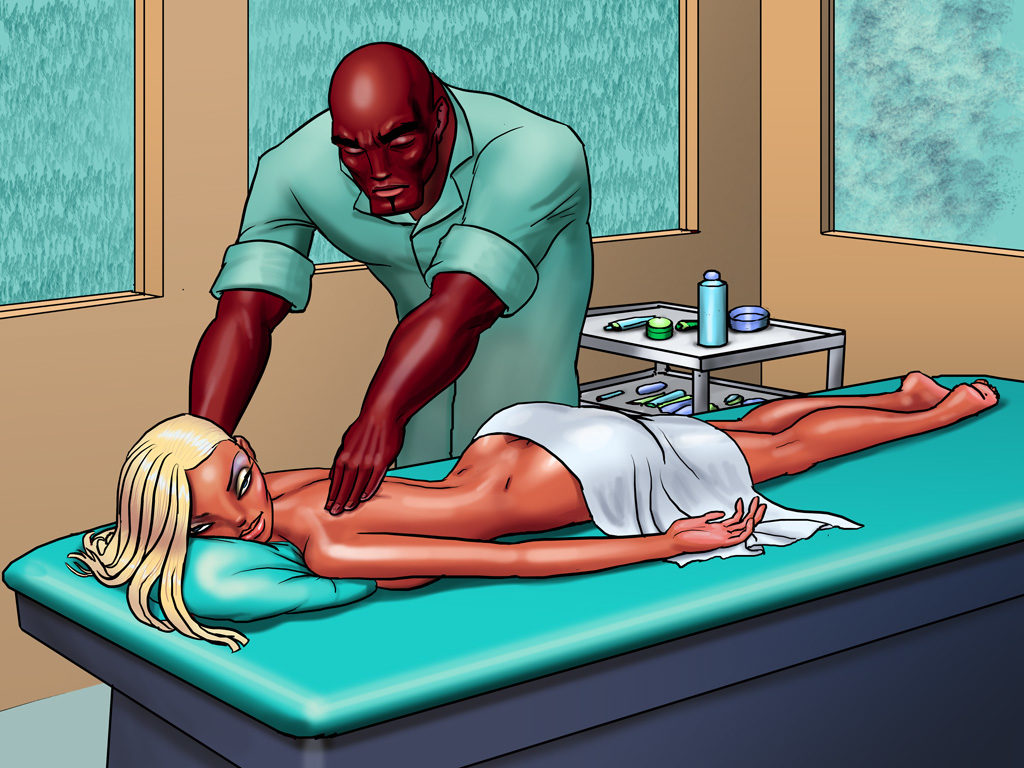 Gorgeous blonde t-girl seduces a black masseur 